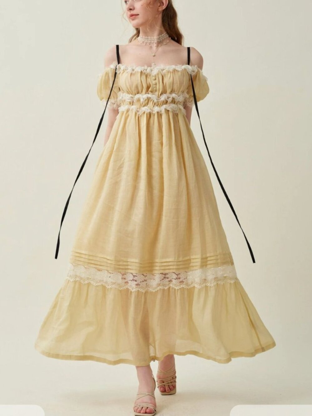 NWT Linennaive Carolynn24 Flowy Lace Linen Cottagecore Maxi Dress Lemon Yellow